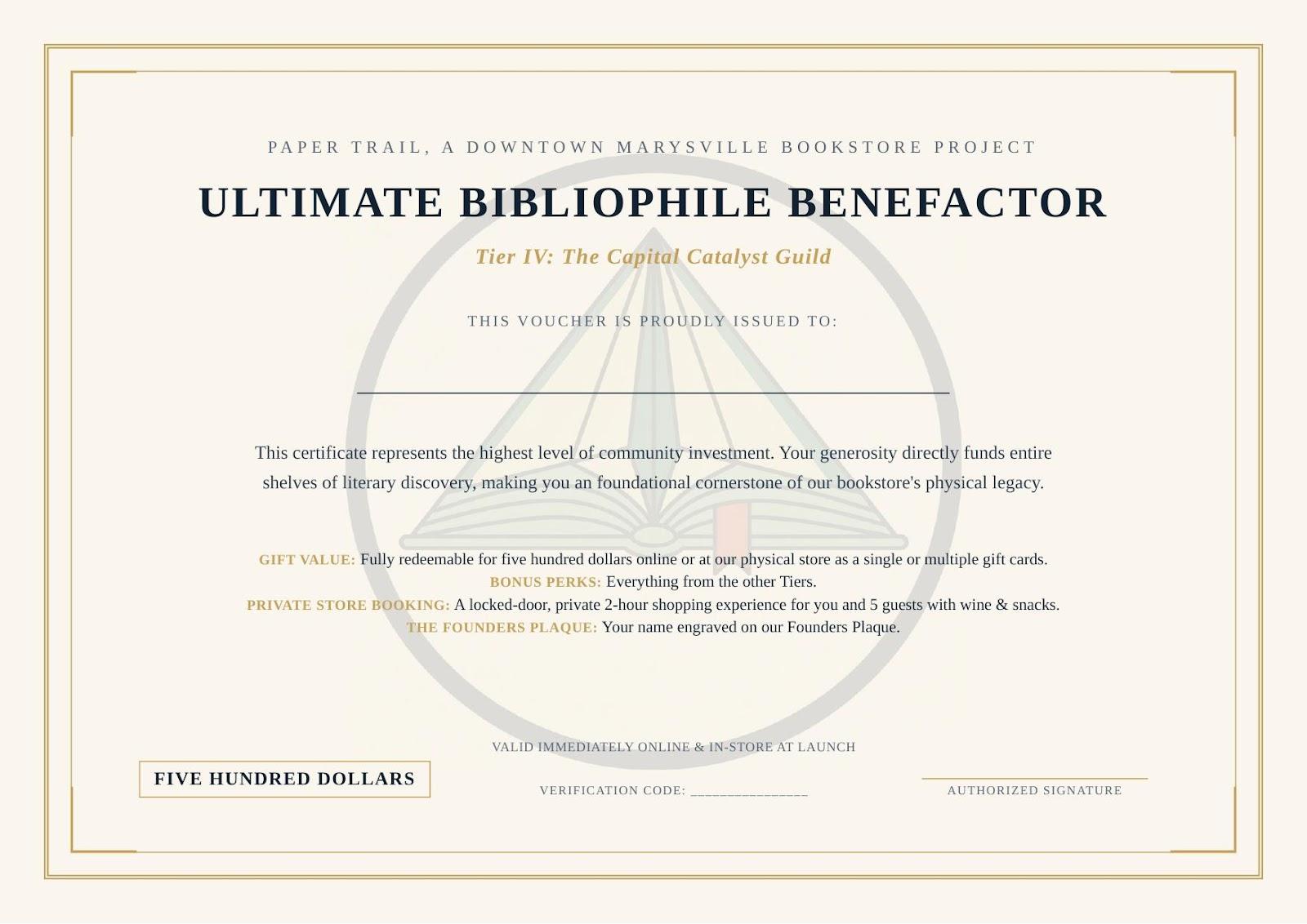 Tier IV Ultimate Bibliophile Benefactor Certificate